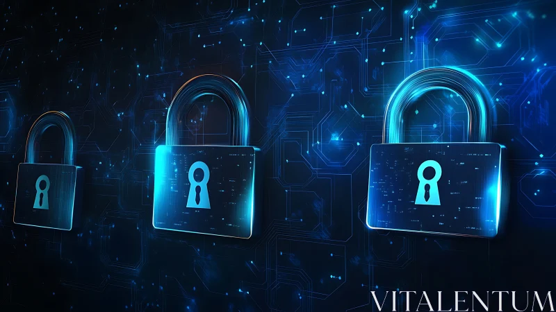 Neon data padlocks guarding a glowing cyber vault wall.