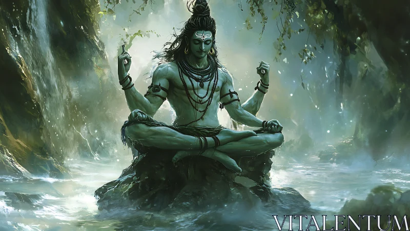 Mystic ascetic in emerald mist by cascading forest waters.