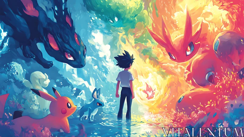 Symmetric elemental Pokémon standoff frames silhouetted trainer