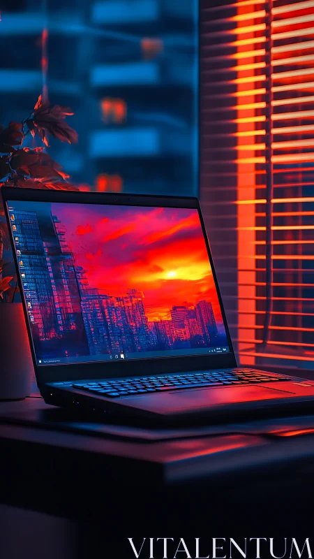 Glowing laptop rests by blinds in a cozy neon city evening
