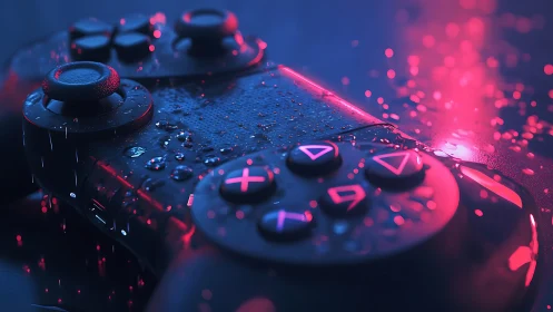 Wet game controller lies under blue and pink neon lighting