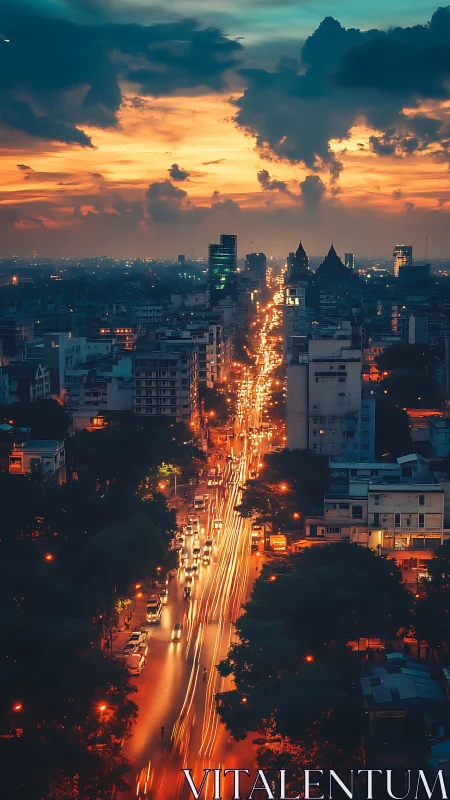Neon traffic river cuts through dense city at dramatic sunset