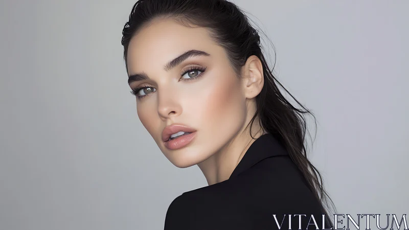 Neutral studio portrait of woman in black blazer profile.