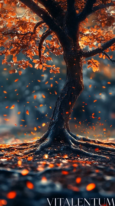 Autumn tree with swirling leaves in cinematic shallow focus.