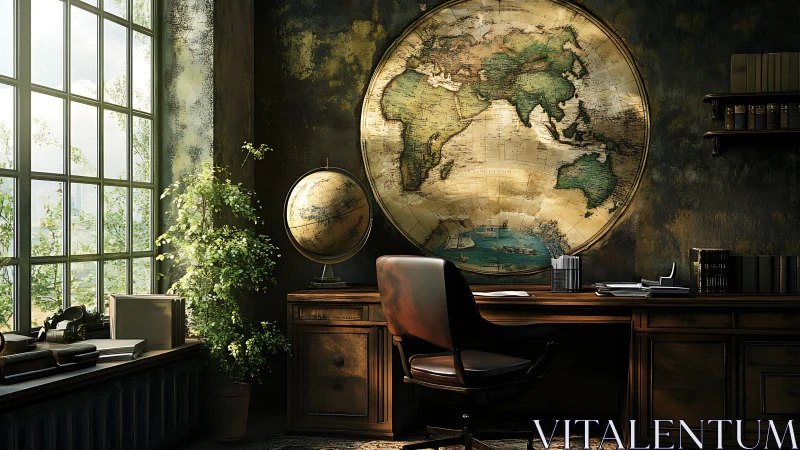 Sunlit vintage cartographer’s study with globe and wall map
