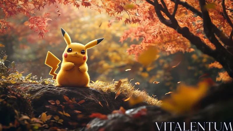 Pikachu sits on a mossy rock beneath dense autumn foliage