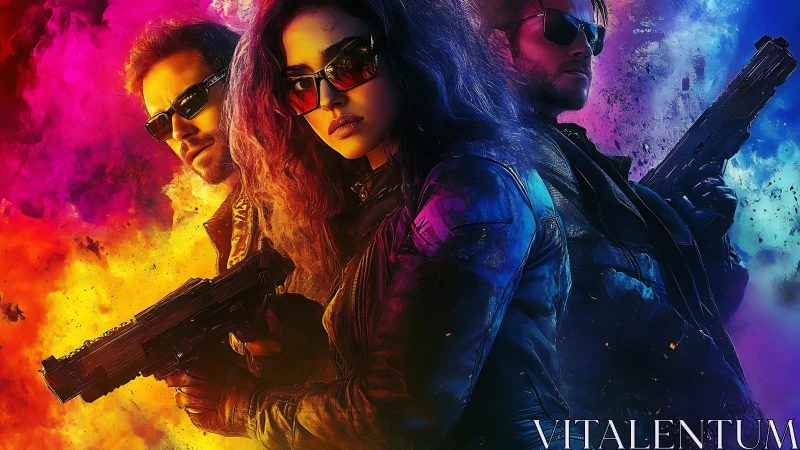 Three armed agents in neon color-split action scene.