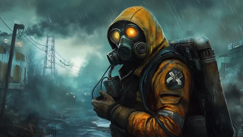 Gas-masked wanderer crossing toxic urban wasteland.