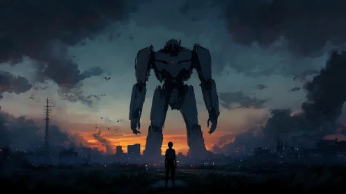 Silhouetted humanoid mech and lone figure in urban dusk sky.