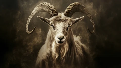 Horned goat portrait against dark atmospheric background.