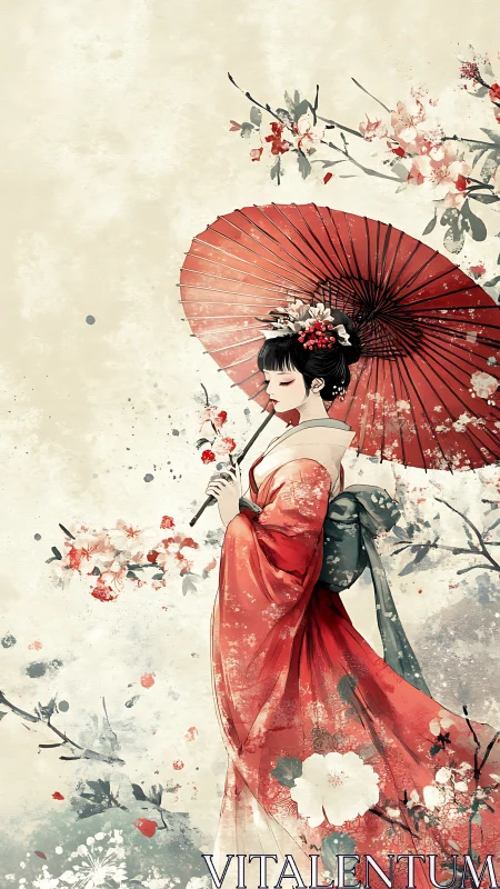 Ink-washed geisha illustration with parasol and sakura motifs.
