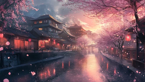 Soft lantern light welcomes spring along a cherry blossom canal