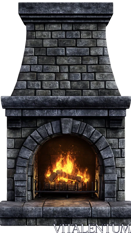 Dark stone fireplace with active fire and burning logs inside