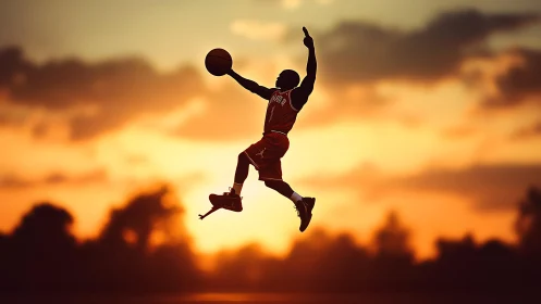 Silhouette basketball dunk against glowing sunset sky.