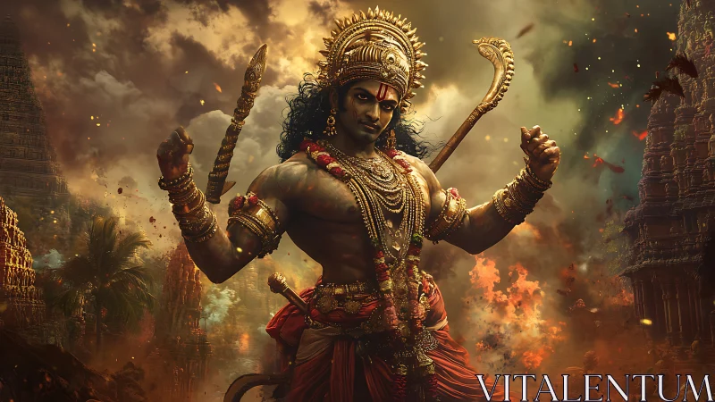 Mythic warrior deity rendered in high-detail digital painting flames