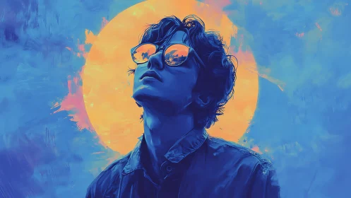 Sunlit daydreamer in glowing neon blues and golds.