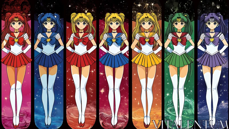 Anime sailor warriors in vertical cosmic panel alignment.