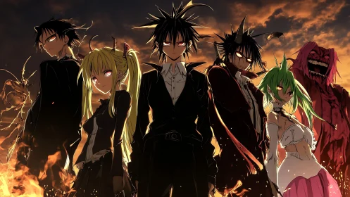 Demonic anime squad framed by flames under burning sky.