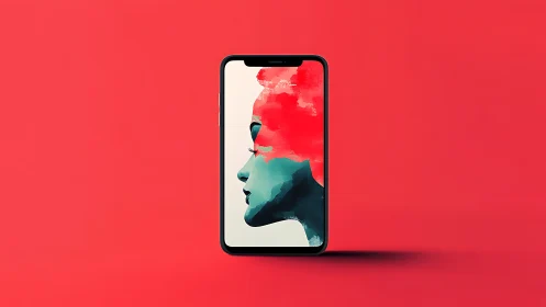 Smartphone with abstract profile portrait on vivid red field