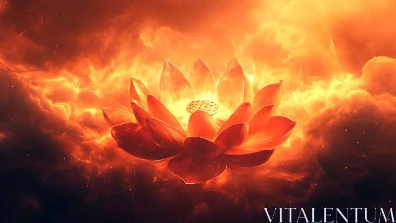 Radiant orange lotus flower floating in glowing clouds.