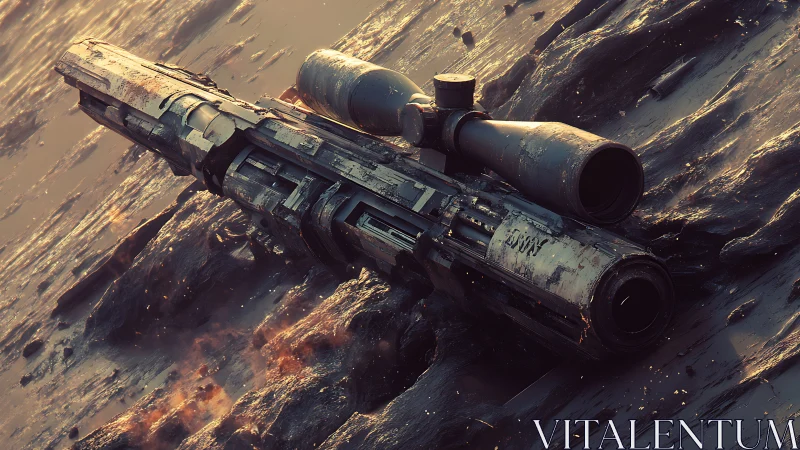 Futuristic rail cannon resting in scorched alien terrain.