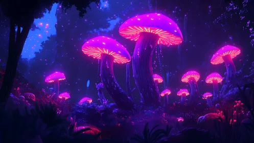 Neon moonrise of colossal glowing mushrooms in dreamlight forest.