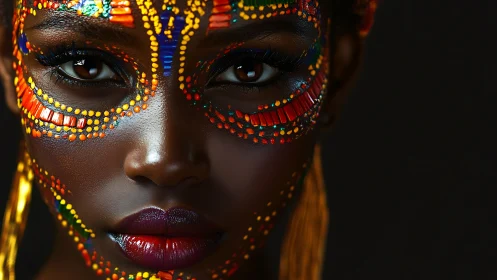 Nebula-eyed muse crowned in tribal neon constellations.