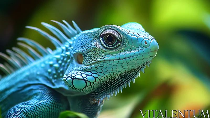 Photorealistic iguana portrait with shallow depth of field.