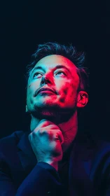 Neon-dual lit contemplative male portrait against deep black