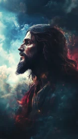 Stormlit savior in burning twilight clouds, quietly resolute.