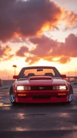 Red classic Mustang front view under vivid sunset sky