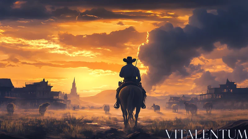 Golden sunset welcomes a lone cowboy riding through town