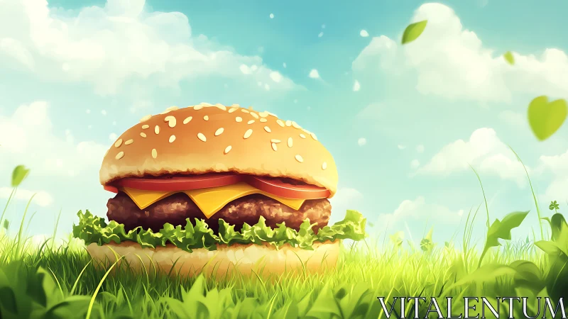 Cheeseburger rests on grass under bright blue summer sky