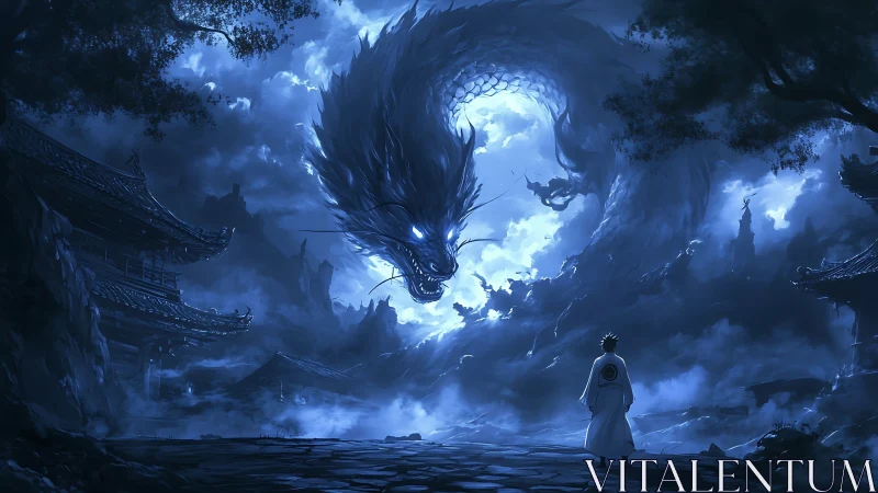 Moonlit dragon coils above lone warrior in misty temple