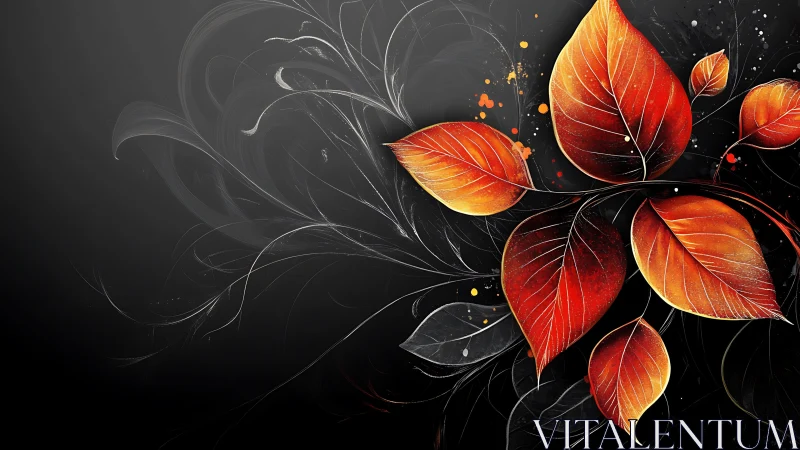 Crimson gradient leaves on dark swirling abstract backdrop.