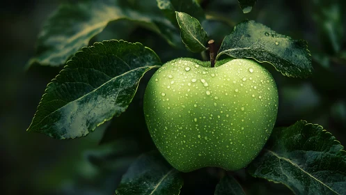 Green apple hangs on branch under glistening dew drops