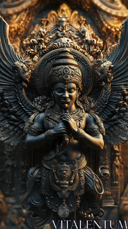 Baroque-lit winged deity sculpture rendered in dark bronze