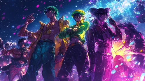 Neon-lit anime heroes confront chaos in a cosmic street