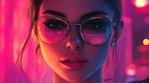 Neon lit female portrait with reflective sunglasses at night.