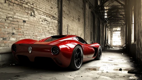 Sleek red supercar gleams inside an abandoned brick warehouse.