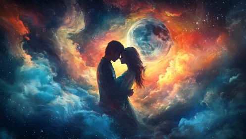 Couple Kissing Against Cosmic Space and Planet.
