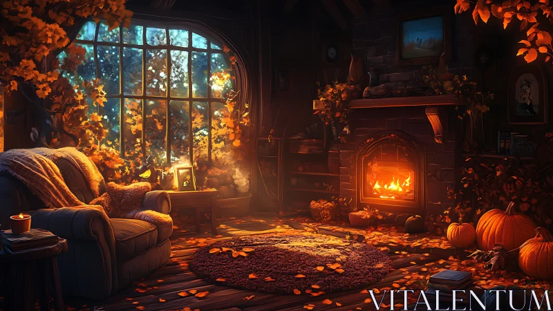 Autumn living room interior with fireplace and window view.