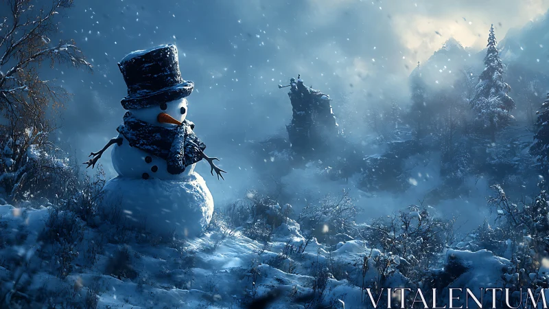 Snowman in cinematic moonlit blizzard within misty valley