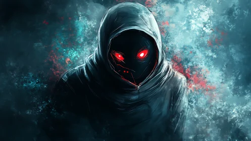 Digital painting of hooded cyber apparition with neon eyes.