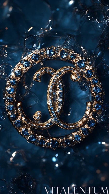 Gold monogram jewel circle with blue gemstones on bokeh.