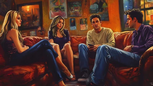 Cozy living room chat among friends on worn orange sofas.