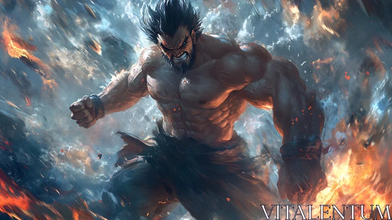 Muscular warrior charges forward through swirling firestorm
