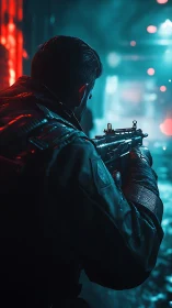 Neon alley sentinel stalking targets in electric fog.