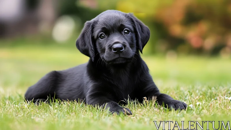 Curious black Labrador puppy relaxes on soft garden grass