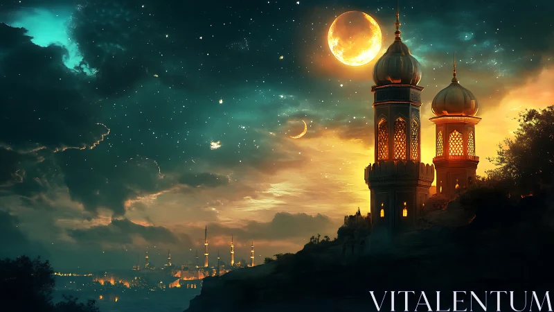 Dual minaret towers under twin moons in high contrast skyline
